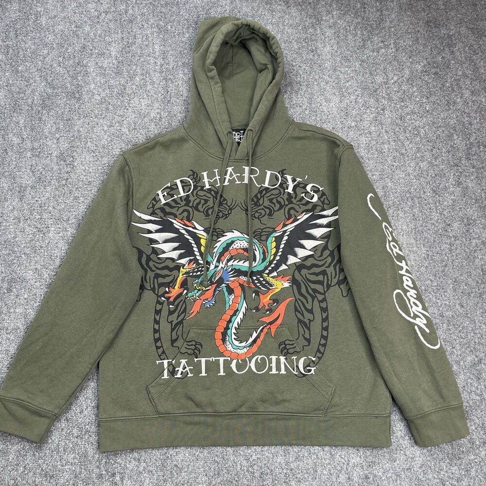 Ed Hardy Hoodie Mens Large Olive Green Dragon Tiger Tattoo Graphic